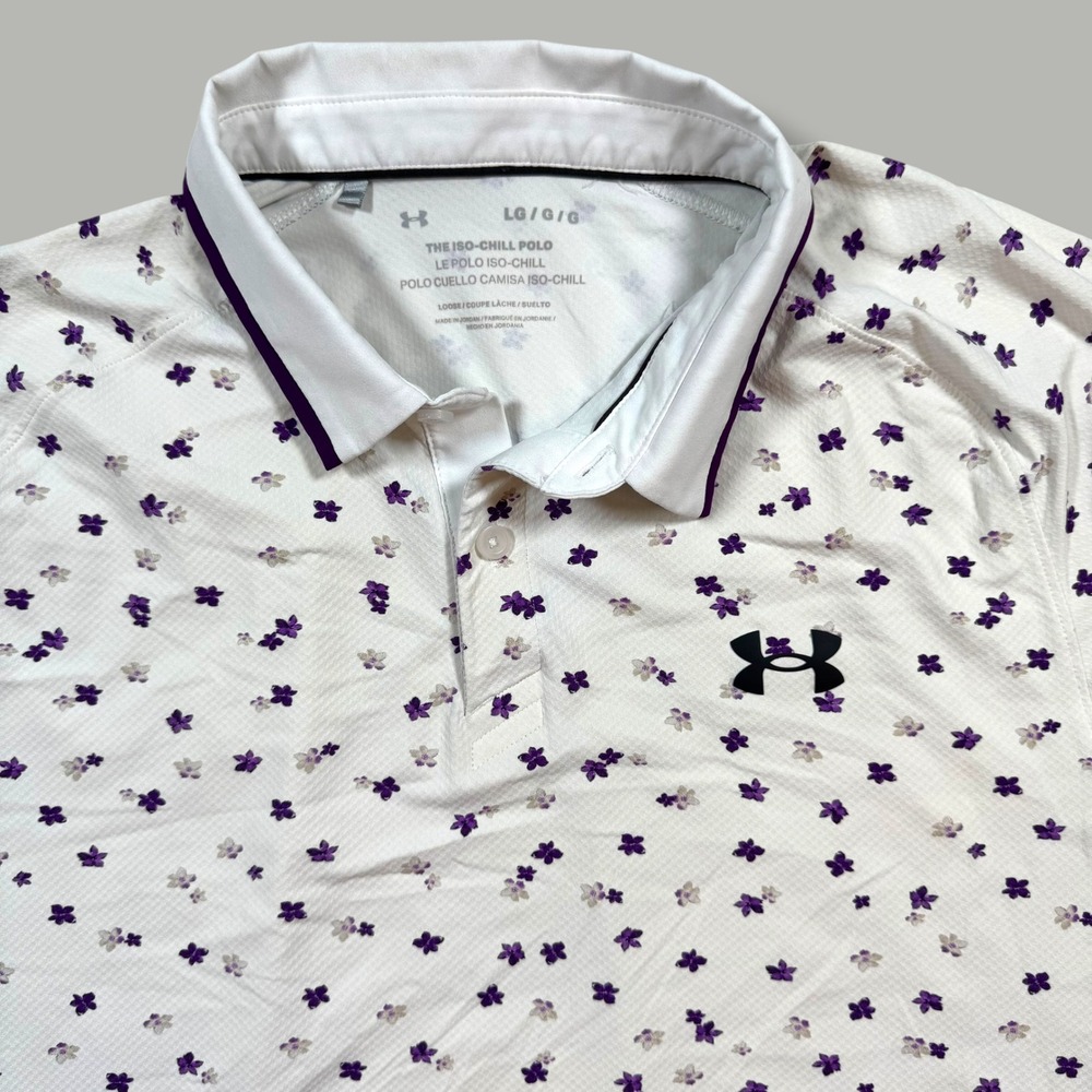 Under Armour Polo Mens Large White Floral Iso-Chill Short Sleeve Golf Shirt